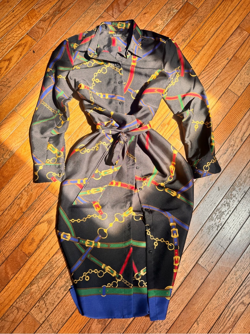 Black Chain-Print Belted Shirt Dress - Unbranded